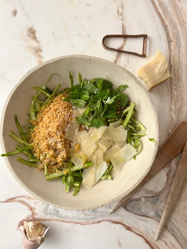 Image of Shaved Asparagus Salad with Garlicky Bread Crumbs and Parm