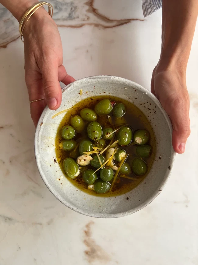 Image of Lemon and Aleppo Marinated Olives with Feta and Almonds