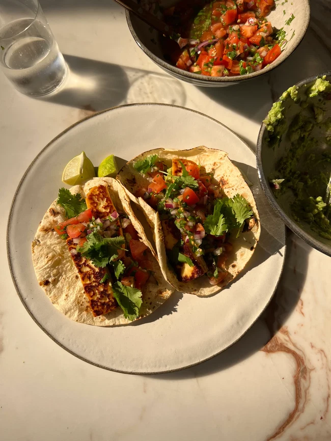 Image of Honey and Chili Halloumi Tacos with Guac and Pico