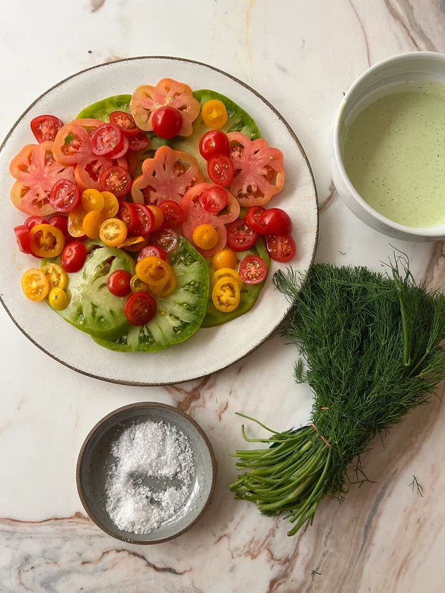 Image of Tomato Salad with Feta Dill Dressing and Sunflower Seeds