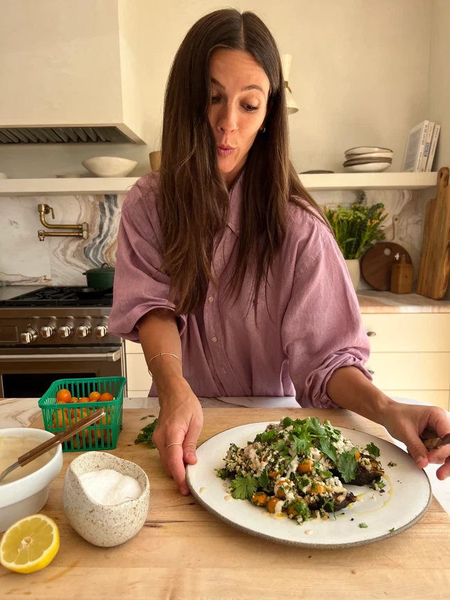 Image of Harissa Eggplant with Sungold Tabouli and Garlicky Tahini
