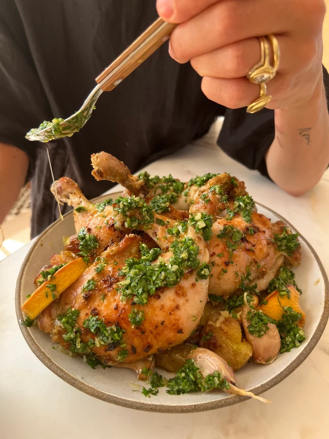 Image of Chicken and potatoes with a preserved lemon gremolata