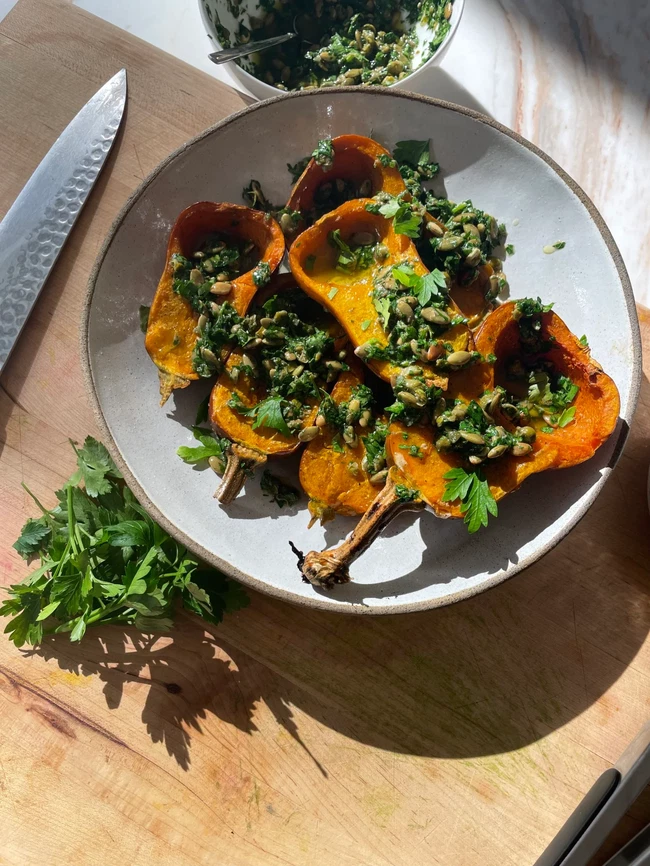 Image of Roasted honeynut squash with a caper & pumpkin seed gremolata