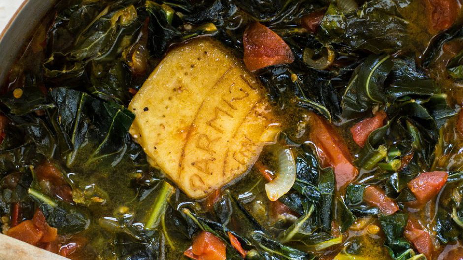 Image of Cognitive Comfort Braised Collards with Parmesan-Tomato Broth