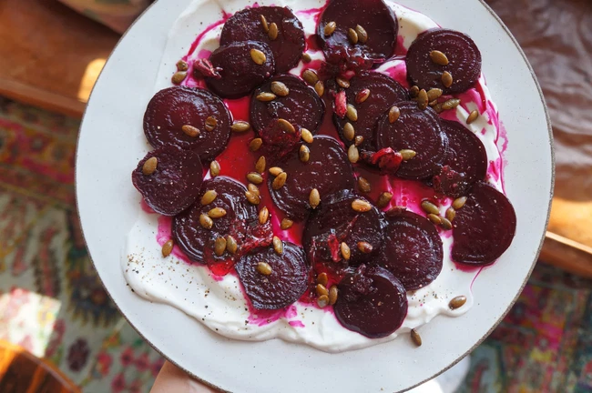 Image of Cardamom Candied Beets with Toasted Pumpkin Seeds, Black Pepper & Yogurt