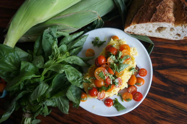 Image of Corn toast with fresh cherry tomatoes