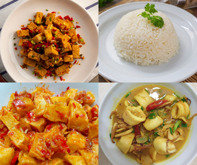 Sambal Potato with Anchovies, Sotong Goreng Kunyit, Spicy Chili Oil Crispy Tofu, Rice
