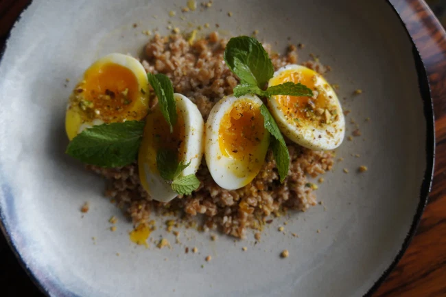 Image of Preserved Lemon, Farro & Bulgar Salad With 6 Minute Eggs- Fresh Mint & Pistachio