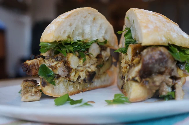 Image of Chicken Shawarma Sandwich with Eggplant, Raw Tahini & Fresh Parsley