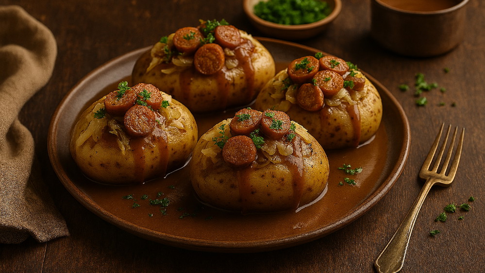 Image of Gefüllte Ofenkartoffeln mit Sauerkraut, Bratwurst und Bio Feinkost-Sauce