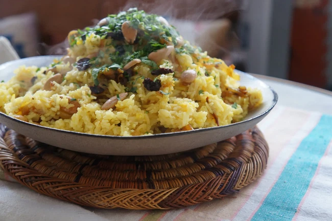 Image of Saffron Rice with Sour Cherries, Roasted Almonds, Caramelized Onions & Fresh Parsley
