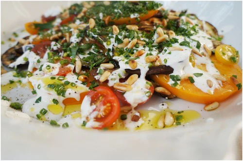 Image of Tomato & Eggplant Salad With A Yogurt Dressing & Fresh Herbs