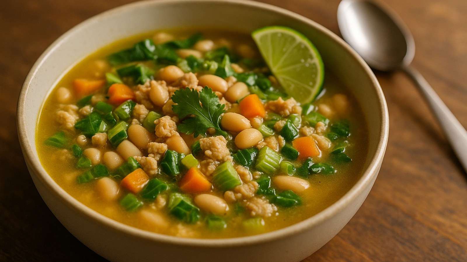 A bowl of turkey chili with ground turkey, white beans, bok choy, carrots and onions in a golden broth, garnished with cilantro and lime