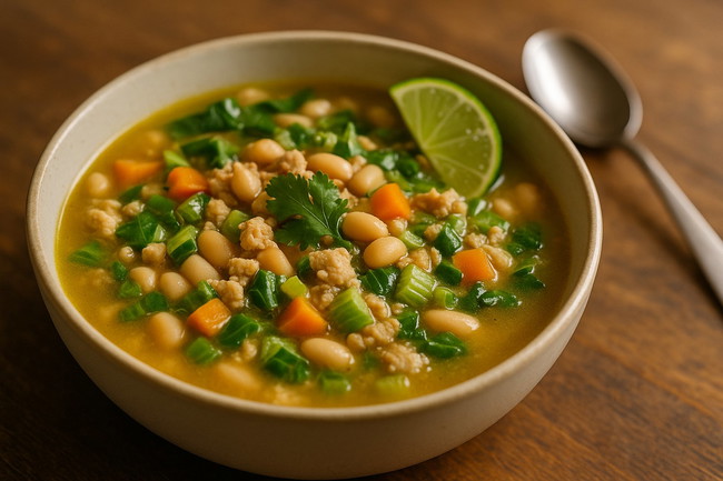 A bowl of turkey chili with ground turkey, white beans, bok choy, carrots and onions in a golden broth, garnished with cilantro and lime