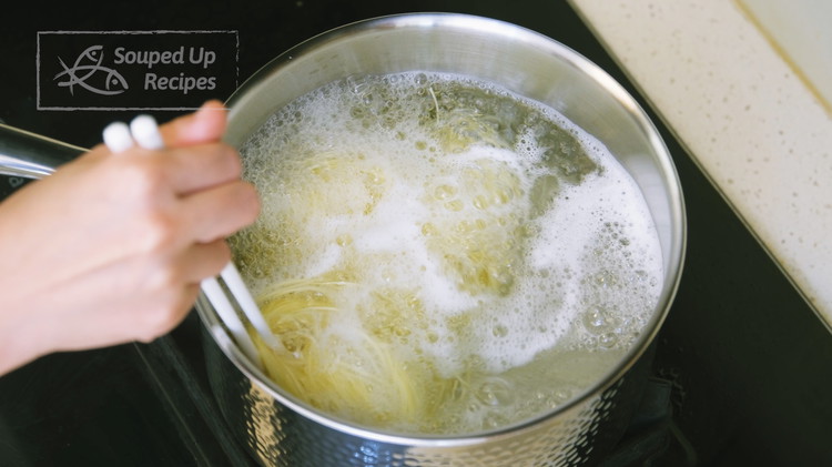 Image of Boil them until al denta or to your preference. If you are not sure, just pick up a string and take a bite. Personally, I like extra chewy and springy noodles and these are super thin so I only cook them...