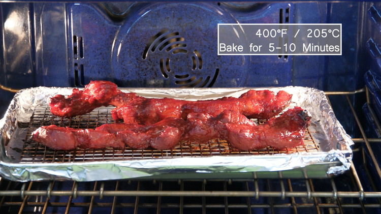 Image of Bake the honey-glazed char siu for another 5-10 minutes. Every oven is different. Please keep an eye on the meat until it is beautifully charred.