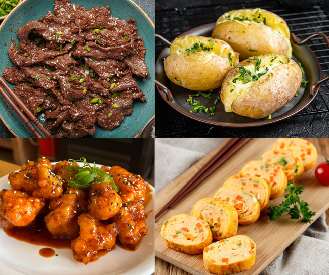Air-Fried Bulgogi Beef, Cheesy Potato, Gochujang Cauliflower, Korean Omelette