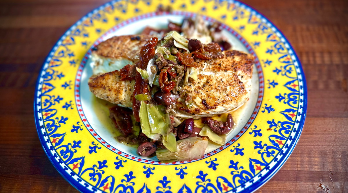 Griddle Halibut with Mediterranean Olive–Artichoke Topping