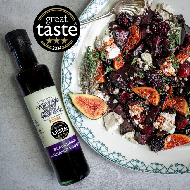 Balsamic Beetroot, Feta and Fig Salad recipe, made with Womersley Foods Award Winning Blackberry Balsamic Vinegar of Modena handcrafted in Modena Italy with natural ingredients.