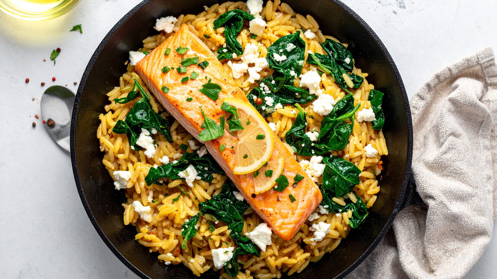 One Pan Salmon Orzo