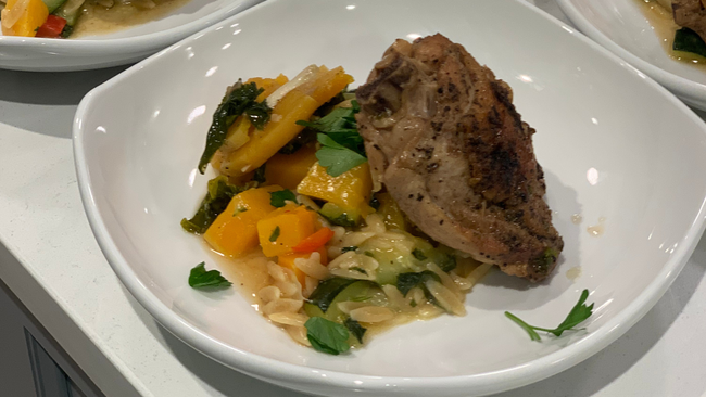 Image of Braised Chicken Thighs with Squash & Mustard Greens