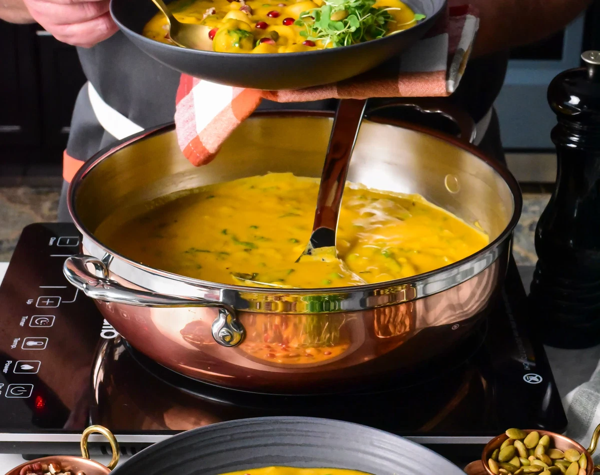Creamy Sunshine Squash Soup with Gnocchi & Spinach