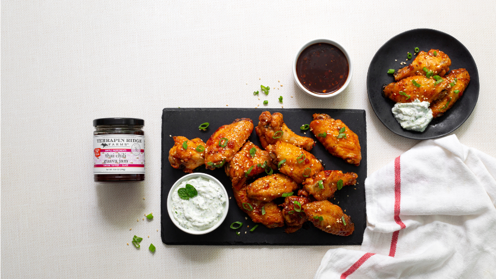 Image of Gluten-Free Baked Thai Chili Guava Chicken Wings with Cucumber Raita 