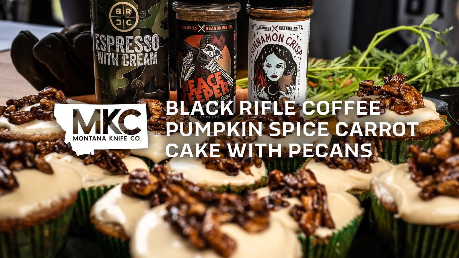 Carrot cake cupcakes with coffee frosting and pecans beside Black Rifle Coffee, pumpkin spice, and apple pie seasoning.