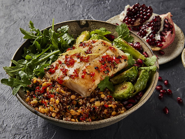 Image of Honey-Glazed Alaska Cod Bowl with Quinoa, Lentils & Roasted Brussels Sprouts Recipe