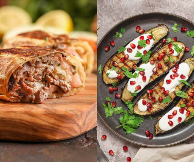 CheeseSteak Shawarma with Grilled Pomegranate Eggplants
