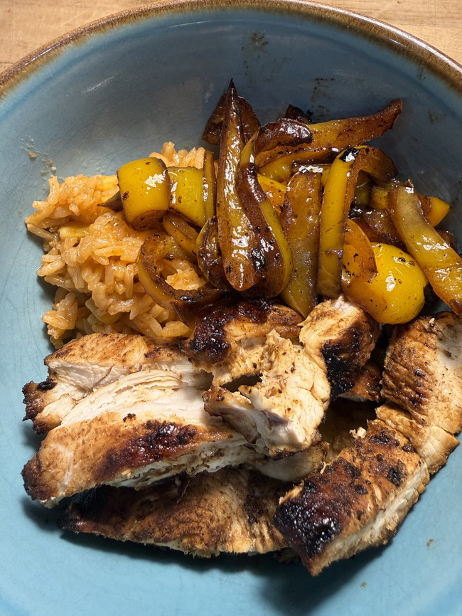 Image of Chili-Lime Fried Chicken with Sautéed Peppers and Red Rice