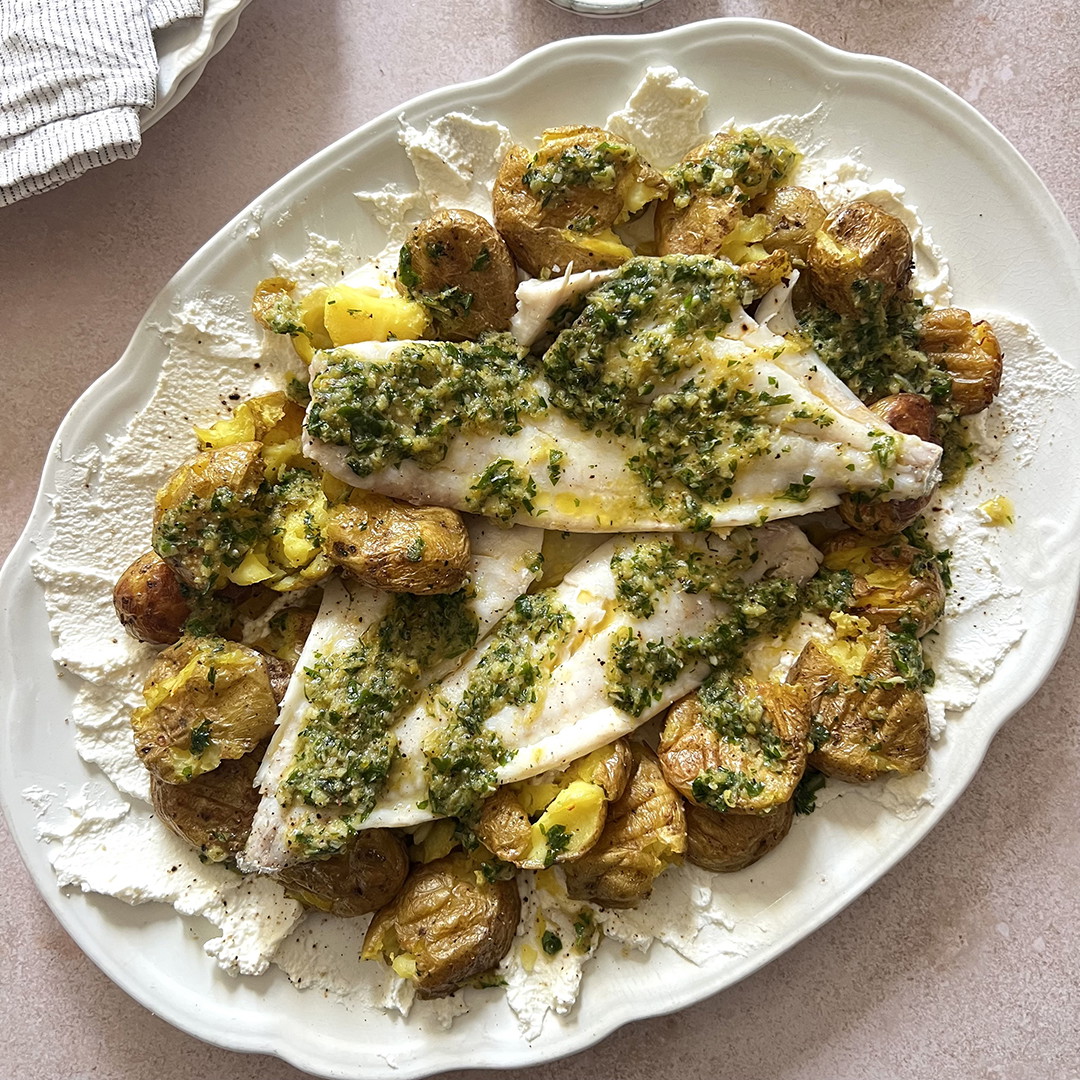 Tray Baked Fish & Baby Potatoes with Lemon Yoghurt & Saint Peter Butter Verde Sauce