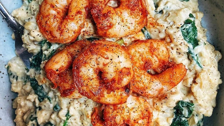 Image of Spinach Lemon Cauliflower Risotto with Garlic Prawns