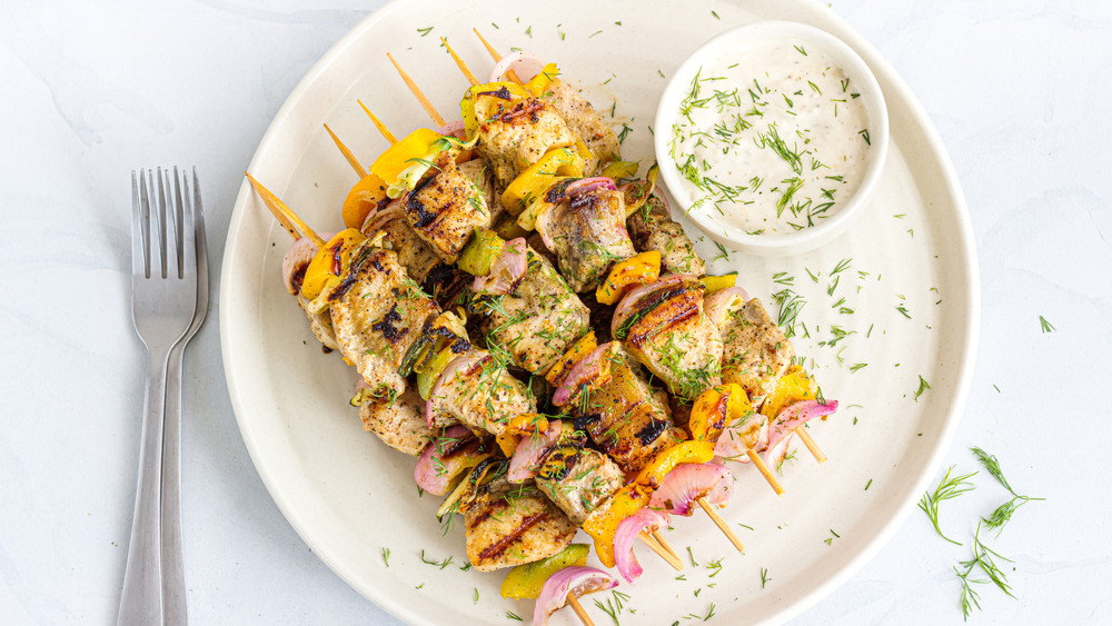 Image of BBQ Marlin and Vegetable Skewers with Dill Yogurt Dip