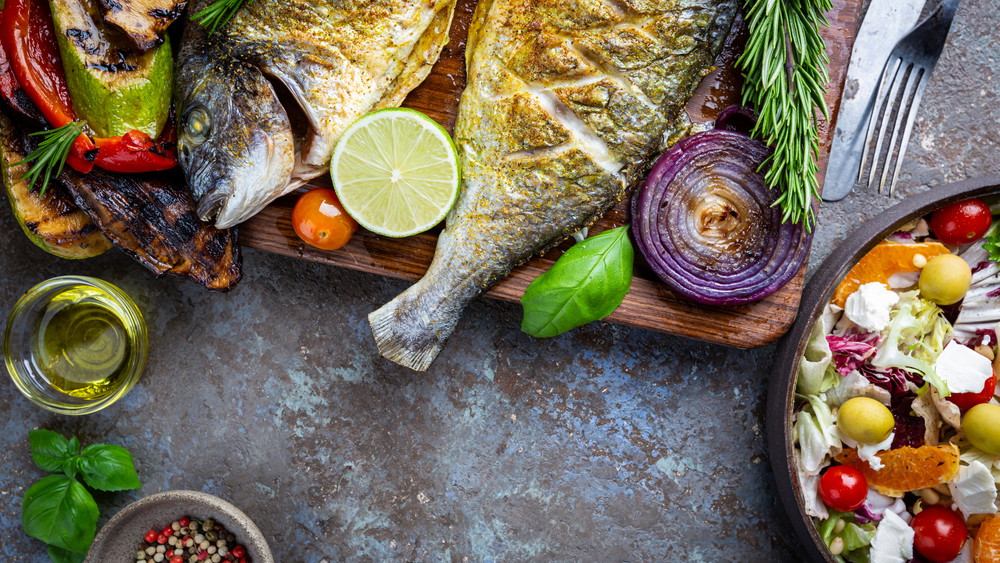 Image of Baked Sea Bream, Grilled Vegetables, Feta and Orange Salad