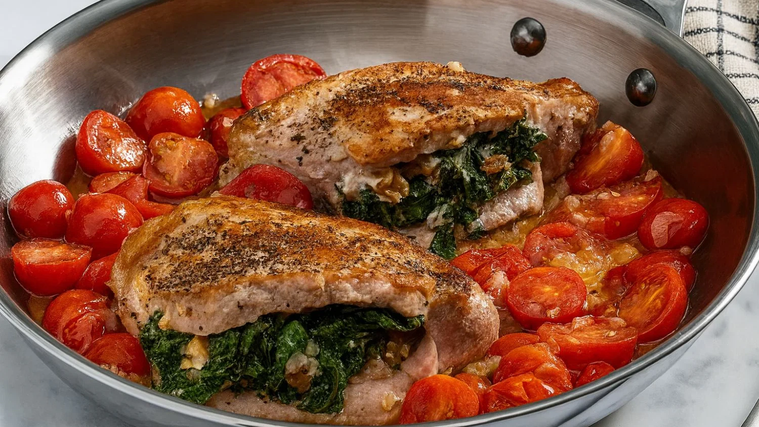 Image of Chuletas de cerdo rellenas de queso de cabra y col kale