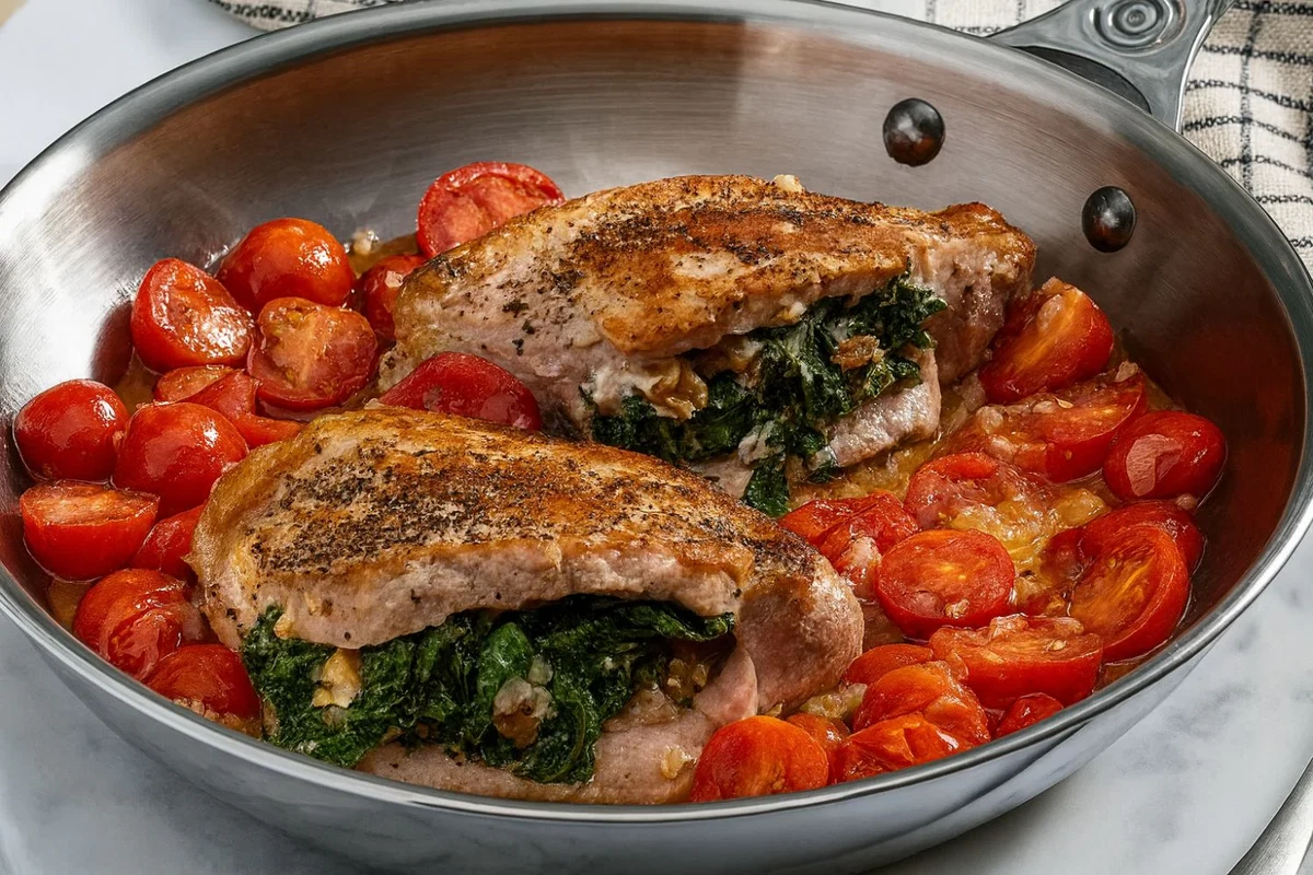 Pork chops stuffed with goat cheese and kale