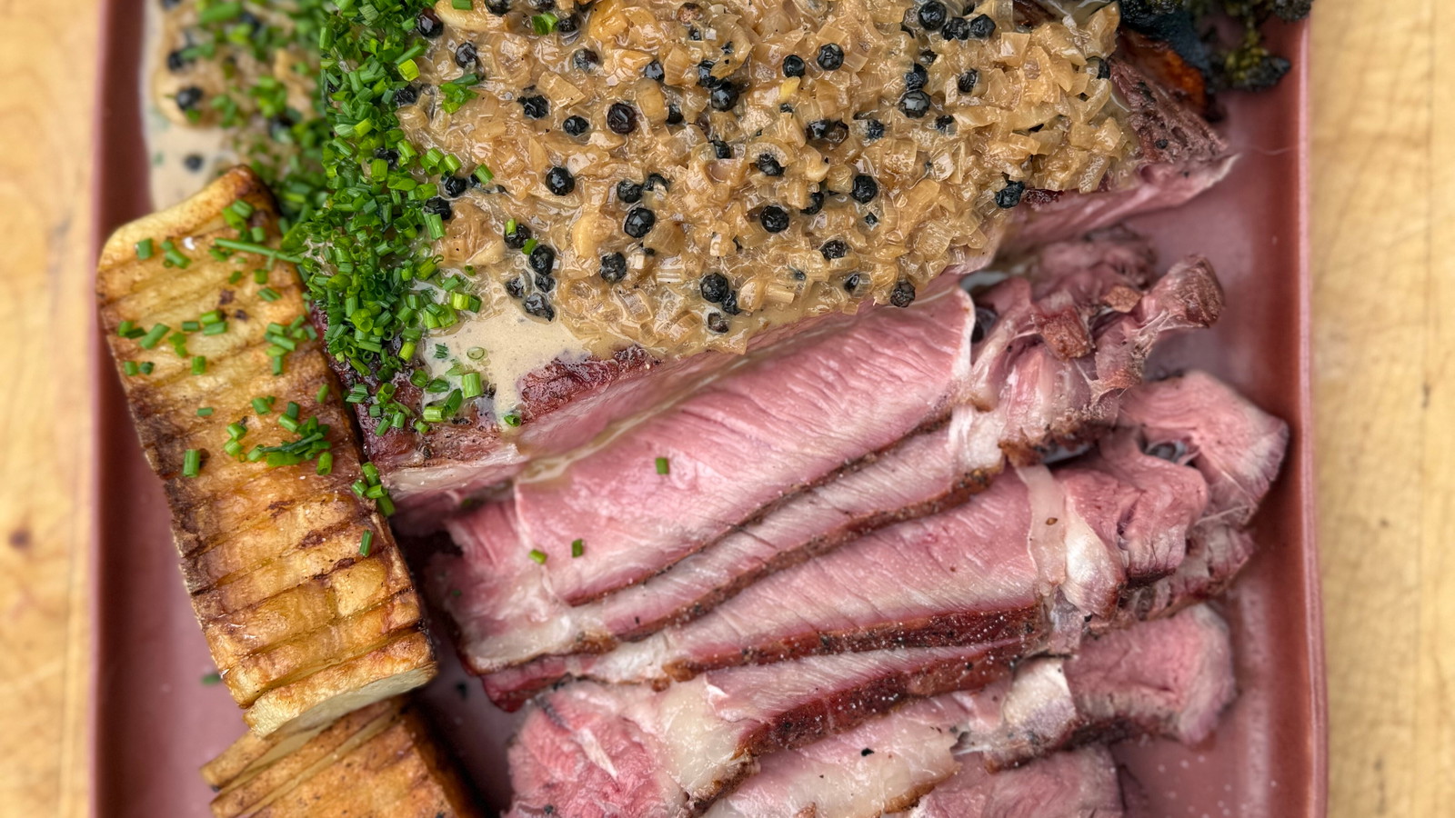 Image of Smoked Steak au Poivre with Dominoes Potatoes and Charred Broccolini