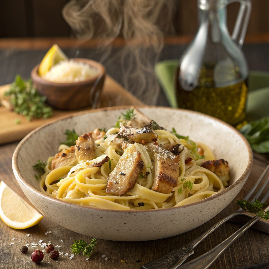 Sicilian Chicken Fettuccine with Crispy Pancetta