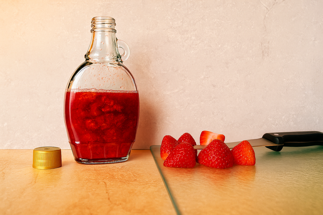 A glass bottle of homemade strawberry maple syrup tied with twine and a small flower, surrounded by fresh strawberries and greenery on a light blue background.