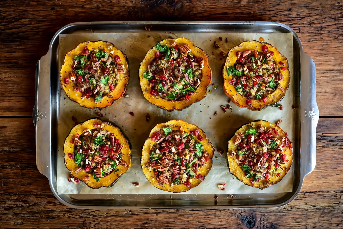 Turkey Quinoa Stuffed Acorn Squash with Cranberries & Pecans