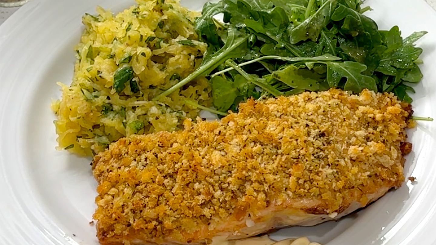 Image of Dijon-Crusted Salmon with Spaghetti Squash & Arugula