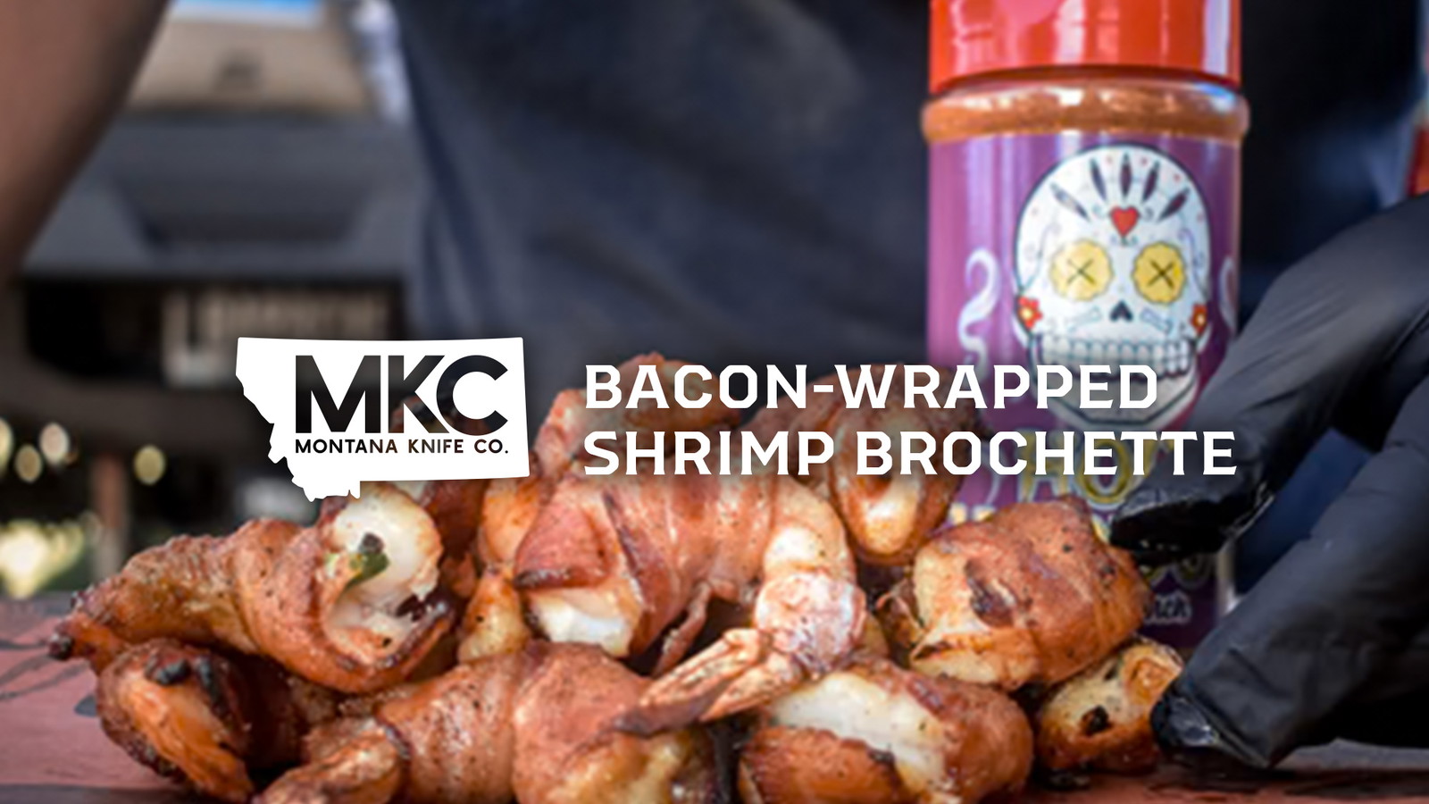 Bacon-wrapped shrimp brochette, stuffed with cheese and jalapeño, ready to serve.