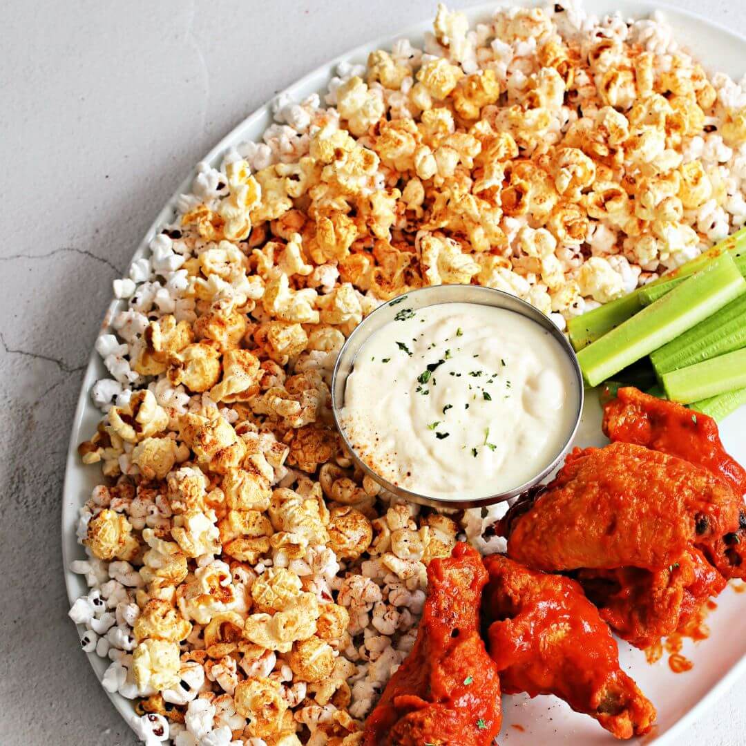 Buffalo Popcorn (with Crispy Wings & Blue Cheese) – Game Day Snack Board
