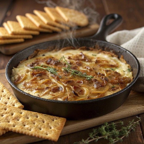 Warm Caramelized Onion Dip with Balsamic and Herb Oil