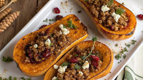 Stuffed Butternut Squash with Turkey Sausage and Fig Balsamic Drizzle
