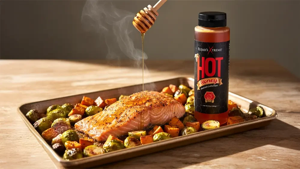 Image of Hot Honey Glazed Salmon with Roasted Sweet Potatoes & Brussels Sprouts