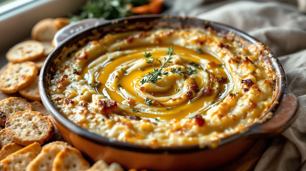 Warm Caramelized Onion Dip with Dark Fig Balsamic and Herb Oil