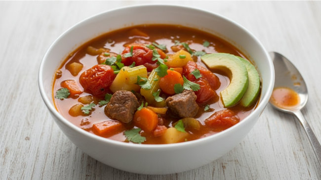 A bowl of roasted vegetable taco soup with seared beef, roasted carrots, parsnips, red bell pepper and tomatoes, topped with avocado slices and fresh cilantro