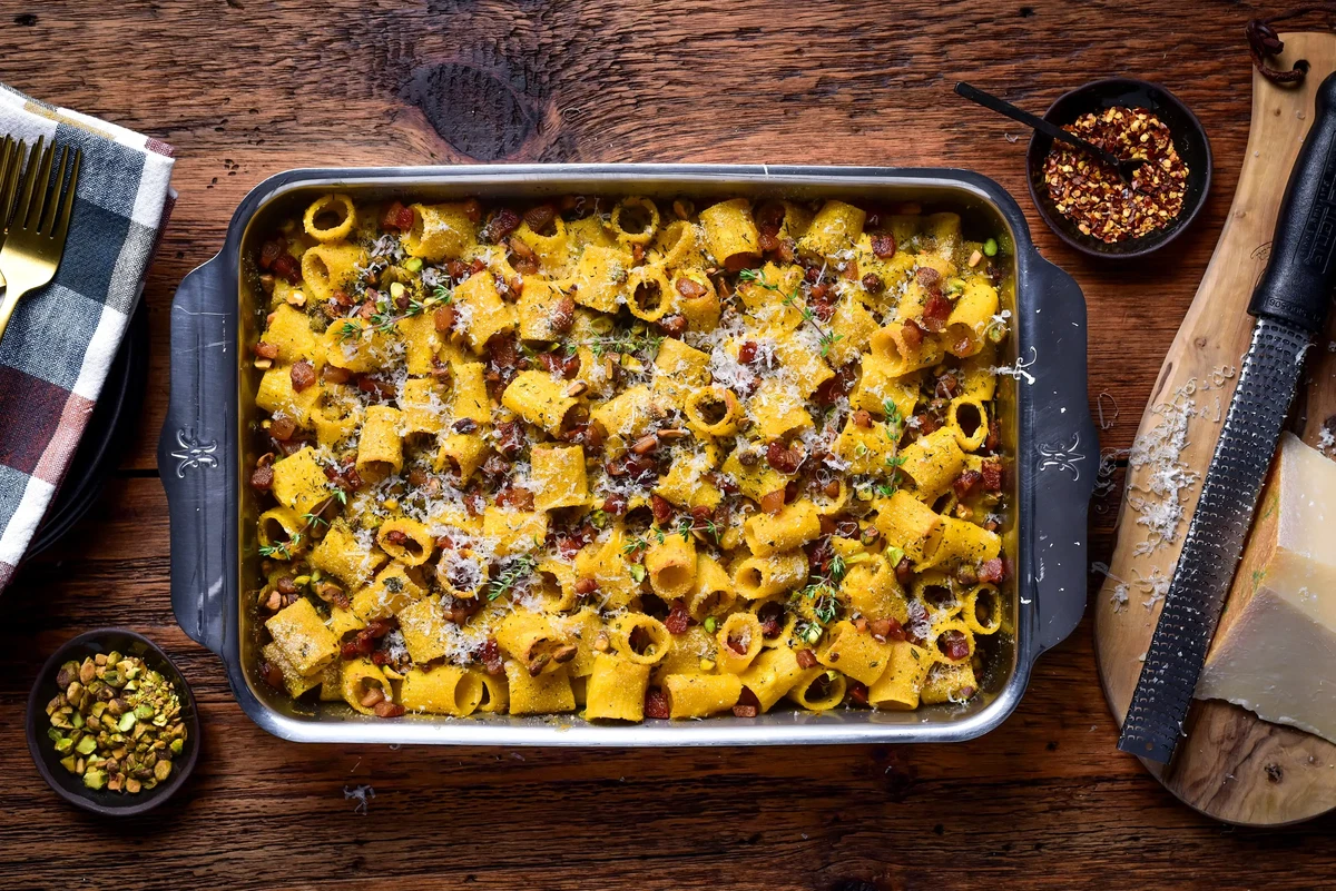 Pumpkin Carbonara Pasta Bake